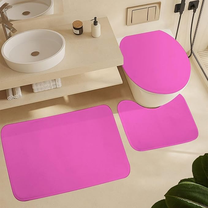 3 Pieces Bath Rug Sets, Bright Hot Pink Bathroom Mat Set Non Slip U Shaped Contour Rug & Toilet Lid Cover