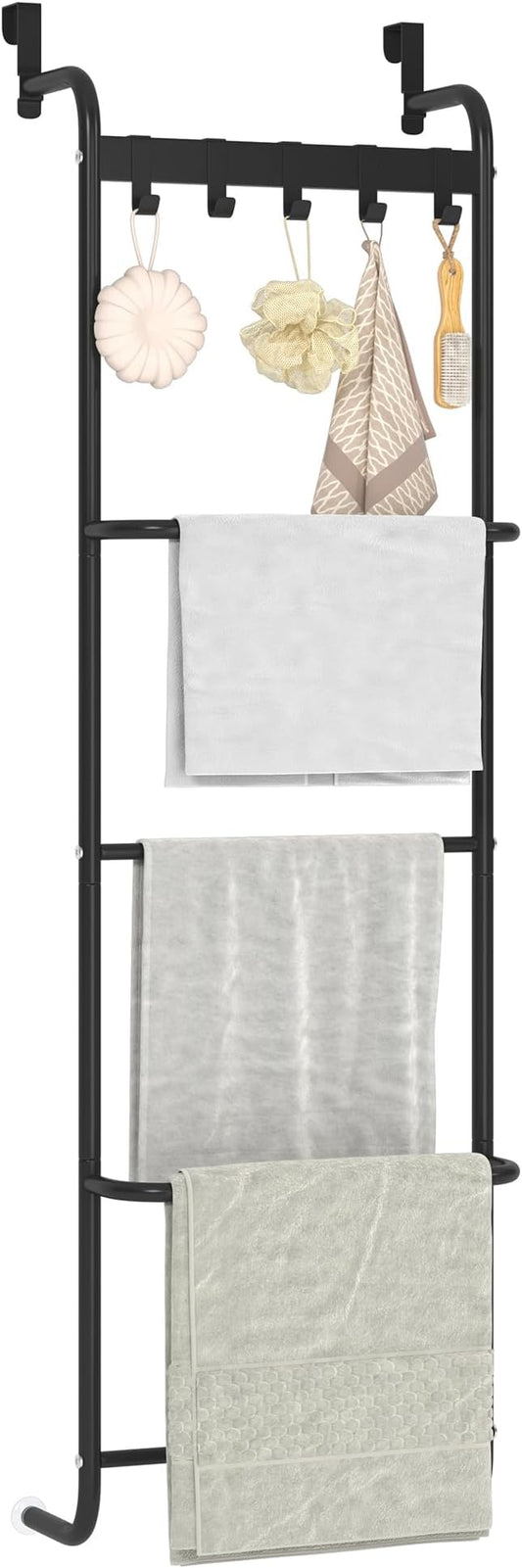 5 Tier Over The Door Towel Racks for Bathroom Wet Towel Drying Rack Clothing Storage Holder with Hooks (Black, 5 Tier)