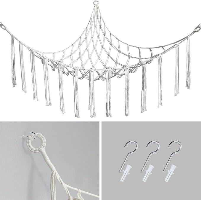 Stuffed Animal Hammock Corner with Hooks Soft Fabric Hanging Bed for Plush Toys, Toy Storage Organizer Playroom Decor (Beige)