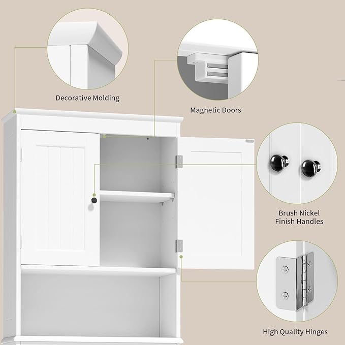 Gizoon Over The Toilet Storage Cabinet with Adjustable Shelf and Double Doors, Bathroom Space Saver Organizer Above Toilet with Open Shelf, Taller Wooden Free Standing Toilet Rack -White