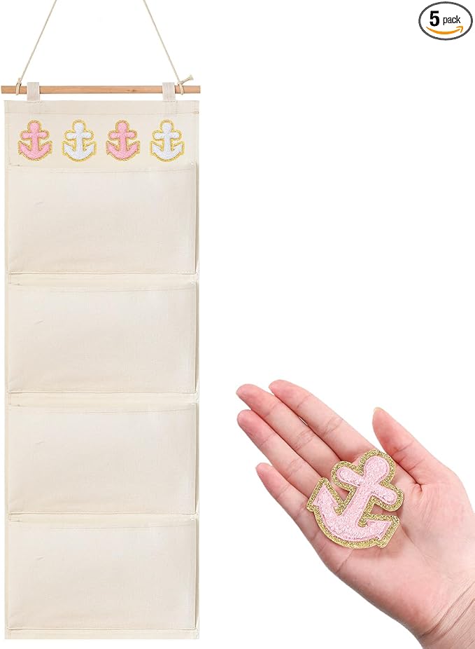 Fish Extender Cruise Gift Hanging Organizer with 4 Pockets and Iron on Anchor Patch Cabin Door Storage Bag 2026 Fe for Cruise Essentials Exchange Gift Pixie Dusting(Beige, Pink, White)