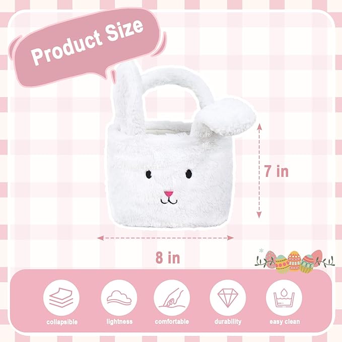 Easter Baskets for Kids,Plush Egg Hunting Easter Buckets with Handle Folded Ears, Gifts Boys Girls