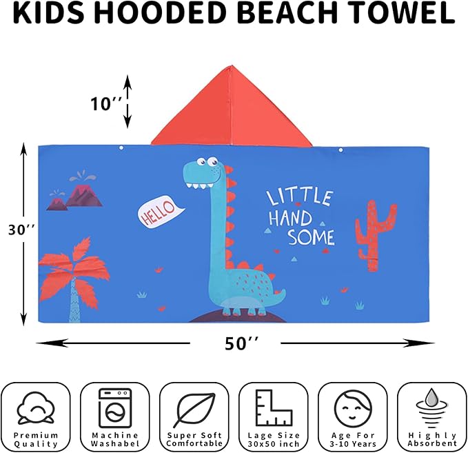 Hooded Beach Towel, Microfiber Hooded Beach Towel For Kids Toddler Infant Boy Girl, Beach Towel with Hood For Bath Pool Swim Summer Beach Essentials Cartoon Shower Gifts (24x50 Inch, Dinosaur Blue)