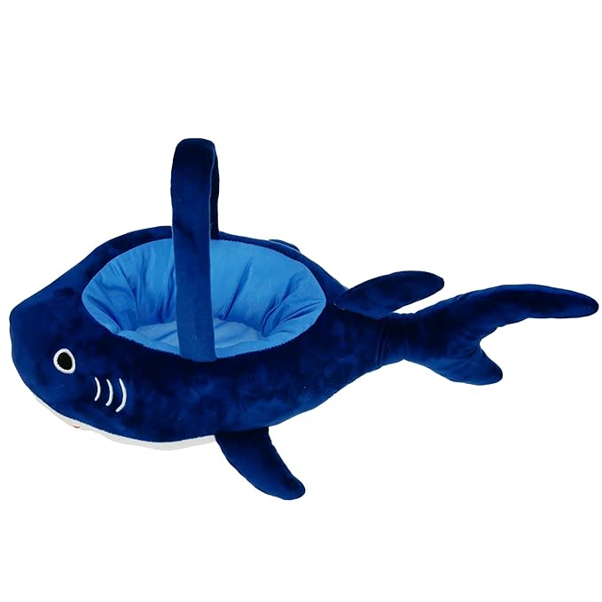 DearSun Exquisite Embroidery 3D Plush Shark Basket - Personalized Easter Egg Hunting Basket - Blue, Round, Velvet
