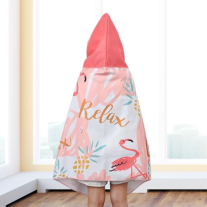 Hooded Beach Towel, Microfiber Hooded Beach Towel For Kids Toddler Infant Boy Girl, Beach Towel with Hood For Bath Pool Swim Summer Beach Essentials Cartoon Shower Gifts (24x50 Inch, Flamingo )