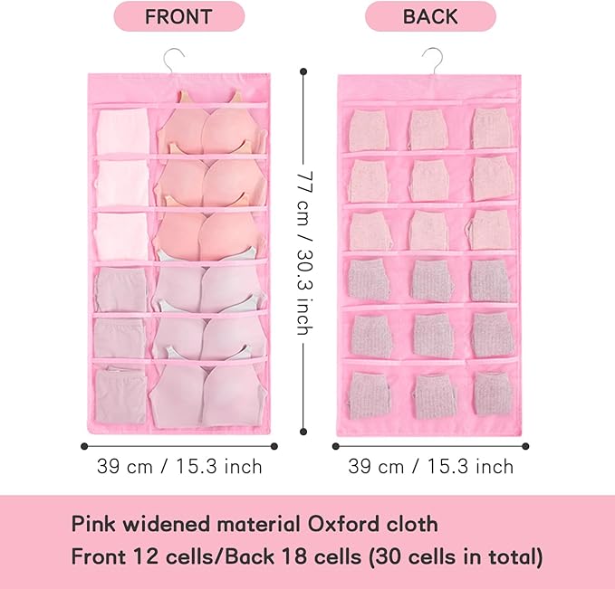 Closet Hanging Organizer with Mesh Pockets & Rotating Metal Hanger,Dual Sided Hanging Closet Mesh Pockets Organizer for Underwear, Stocking, Bra and Sock(Pink：12+18 Pockets)