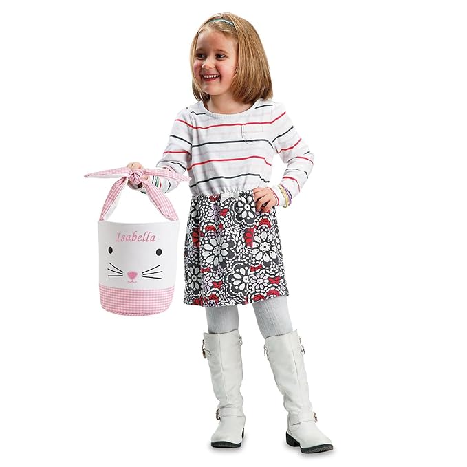 Lillian Vernon Personalized Kids Pink Gingham Easter Bag - 10" Diameter x 10.5"Tall, 100% Polyester Easter Basket, Add Initials or a Name, Easter Treat Bag