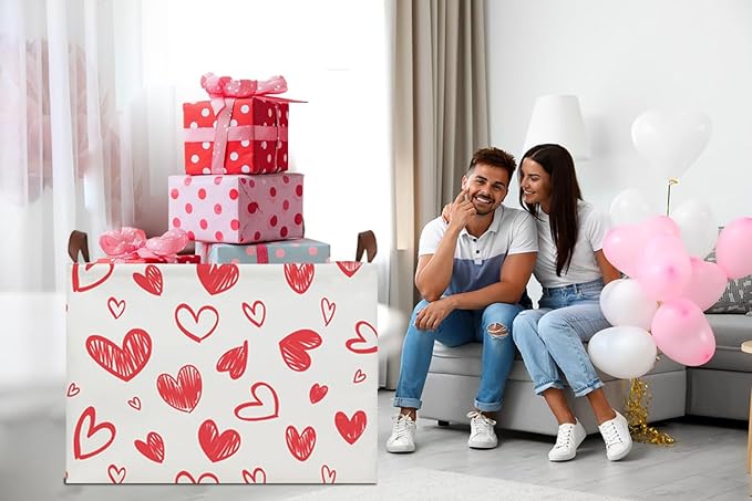 Rectangle Pink Valentine Gift Basket Empty with Handles,Cute Organizer Toy Bin,Gift Basket for Girl(Pink Line Love)