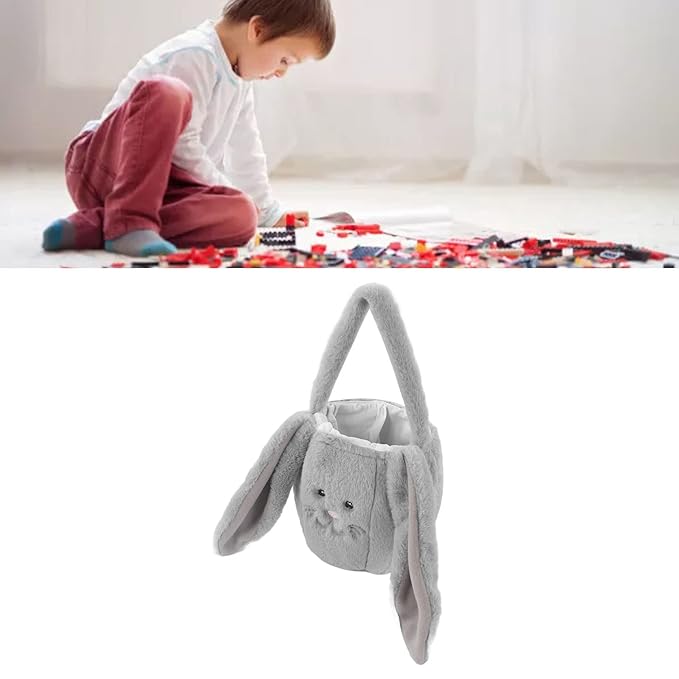 Plush Easter Bunny Basket, Children Easter Basket with Long Ears, Cute Cartoon Rabbit Plush Bag for Easter Egg Hunt, Soft and Durable Easter Bunny Gift for Kids (Light Gray)