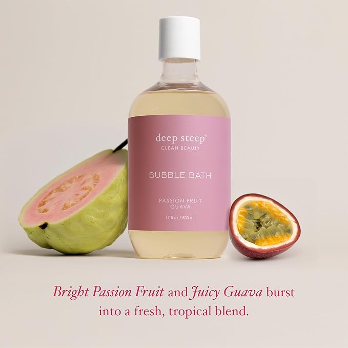 Deep Steep Passionfruit Guava Bubble Bath for Women, Hypoallergenic, Clinically Tested, Clean Formula for Sensitive Skin, Sulfate-Free, 17 fl oz Bottle, Essential Bath Accessories