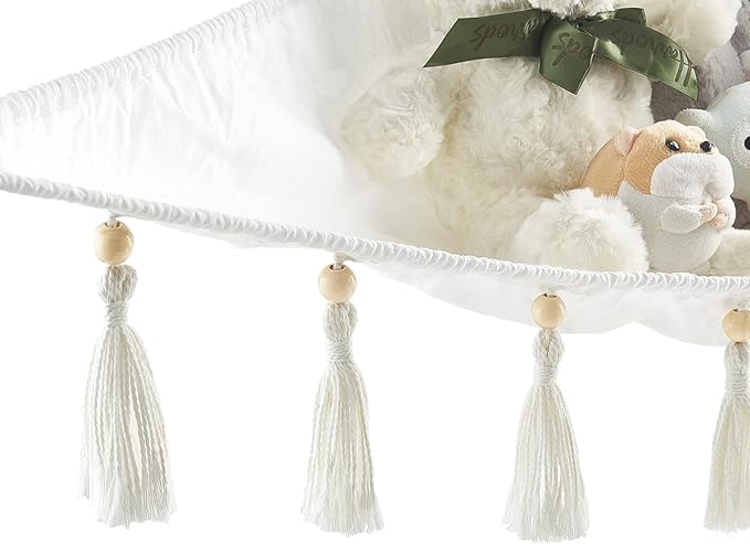 Mkono Stuffed Animal Hammock Corner Hanging Toy Organizer Storage with Tassels Plush Toys Net Holder Nursery Wall Bedroom Play Room Kid Room Decor