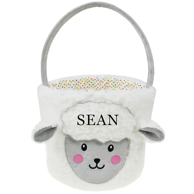 DearSun Exquisite Embroidery ! Personalized Plush White Lamb Basket Easter Egg Hunting Basket with Embroidery Name (Plush White Lamb)