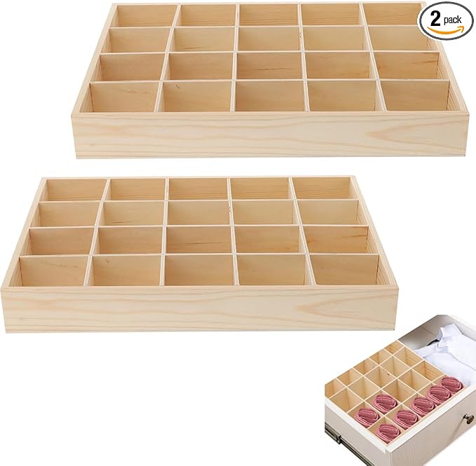 Set of 2 - Wooden Drawer Organizers with 20 Compartments | Space-Saving Belt, Tie, and Sock Organizer | Stackable Desktop Storage Box for Neat and Tidy Dresser, Closet, Under-Bed Storage