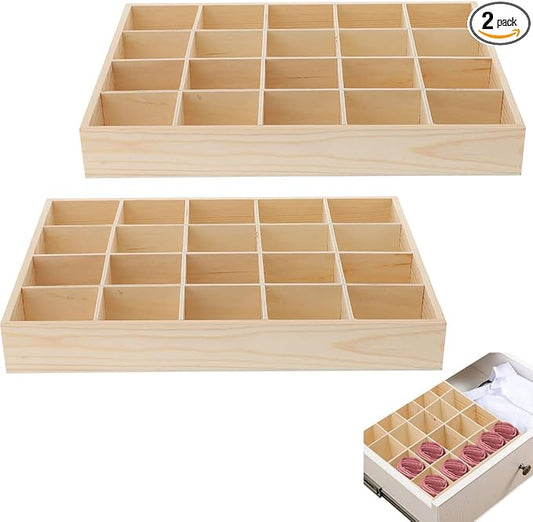 Set of 2 - Wooden Drawer Organizers with 20 Compartments | Space-Saving Belt, Tie, and Sock Organizer | Stackable Desktop Storage Box for Neat and Tidy Dresser, Closet, Under-Bed Storage