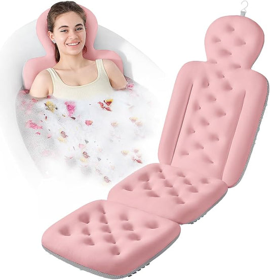 Bath Cushion, Full Body Bathtub Pillow with 160 Suction Cups, Bath Mat for Head and Neck Support, with Laundry Bag (Light Pink, 56" x 16")