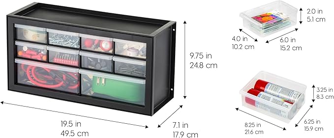 IRIS USA Small Plastic Storage Drawers, 10-Drawer - 2 Pack, Stackable Teacher Toolbox Craft Small Parts Bead Screw Hardware Building Bricks Organizer, Drink and Water Flavor Packet Organizer, Black