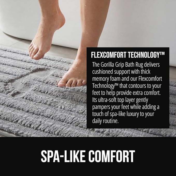 GORILLA GRIP Textured Backing Bathroom Rugs, Soft Memory Foam Absorbent Striped Bath Mats, Machine Washable & Fade Resistant, Bathmat Accessories for Floor, Home Decor Shower Essentials, Grey 30x18