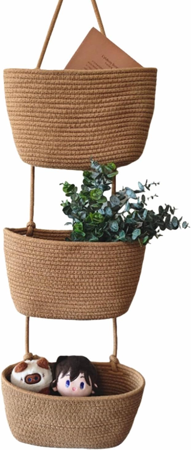 Over The Door Hanging Basket, 3 Tier Cotton Rope Woven Wall Basket, Magazine Racks Hanging Organizer, Decorative Hanging Storage Baskets for Organizing Living Room, Bathroom and Bedroom (Brown)