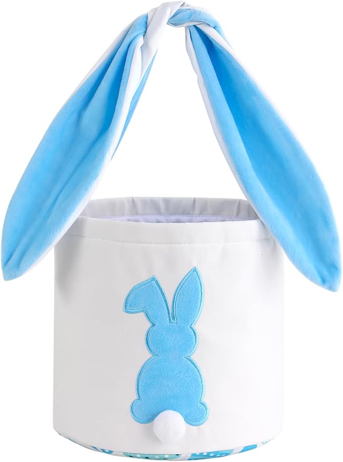 MONOBLANKS Easter Bunny Basket Bags Carrying Gift and Eggs Hunt Bag,Rabbit Canvas Toys Bucket Tote (A-Blue)