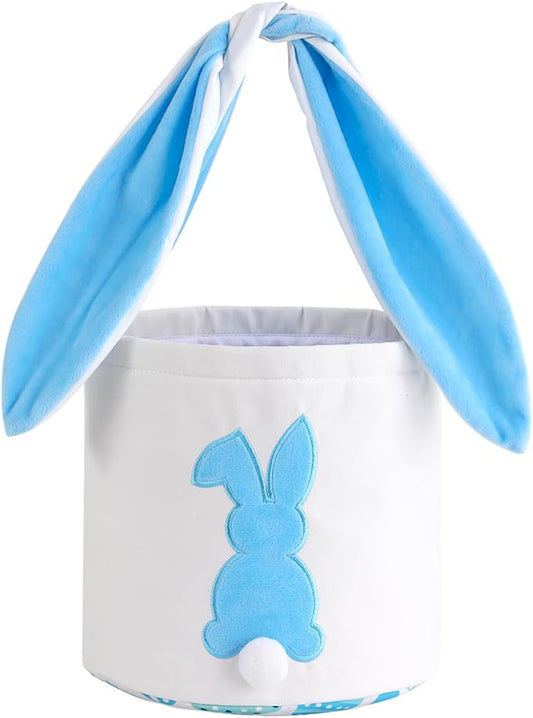 MONOBLANKS Easter Bunny Basket Bags Carrying Gift and Eggs Hunt Bag,Rabbit Canvas Toys Bucket Tote (A-Blue)