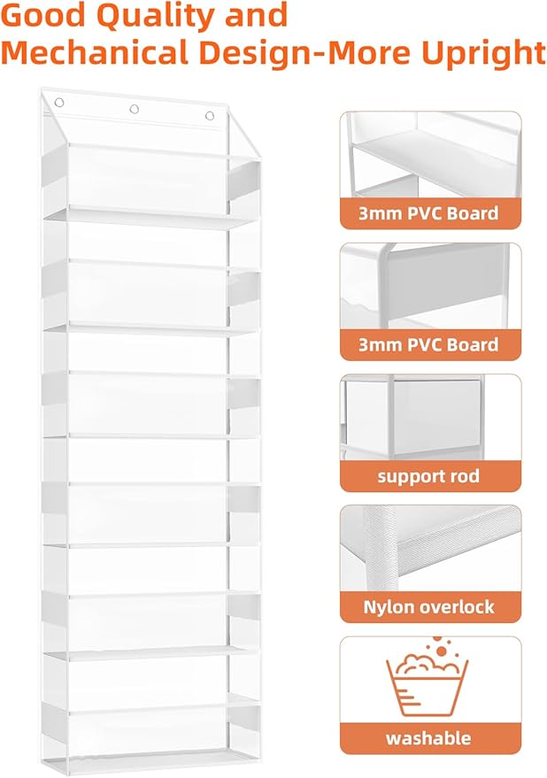 Over the Door Organizes- 6 Tier Stuffed Animal Storage, Bathroom Organizers and Storage, Swing-proof Hanging Organizer for Toys/Nursery Newborn Baby Essential Stuff (Clear)