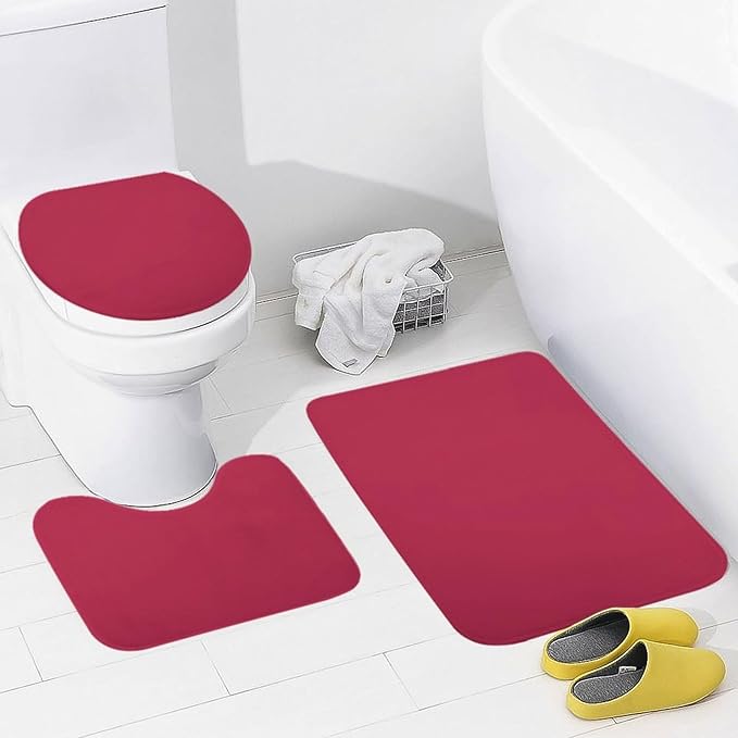 3 Pieces Bath Rug Sets, Solid Magenta Red Bathroom Mat Set Non Slip U Shaped Contour Rug & Toilet Lid Cover
