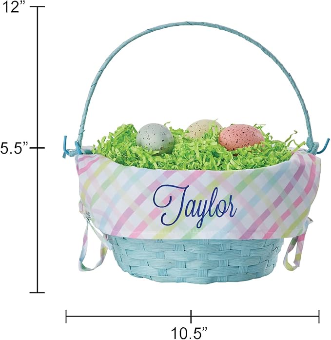 Personalized Easter Egg Basket with Handle and Custom Name in Navy Script | Multicolor Gingham Easter Basket Liners | Blue Basket | Woven Easter Baskets for Kids and Adults | Customized Easter Basket