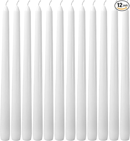 12 Pack White Taper Candles丨Taper Candles 10 Inch Dripless丨Unscented & Smokeless Candlesticks Bulk丨7-8 Hours Long Burning Tall Candles丨Ideal for Christmas Weddings Parties Dinner
