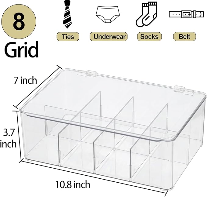 Plastic Clear Storage Containers, Set of 2 Tea Bag Organizer Boxes 8 Compartments with Lids, Underwear Tie Drawer Organizer, Dresser Organizer (10.8×7×3.7")