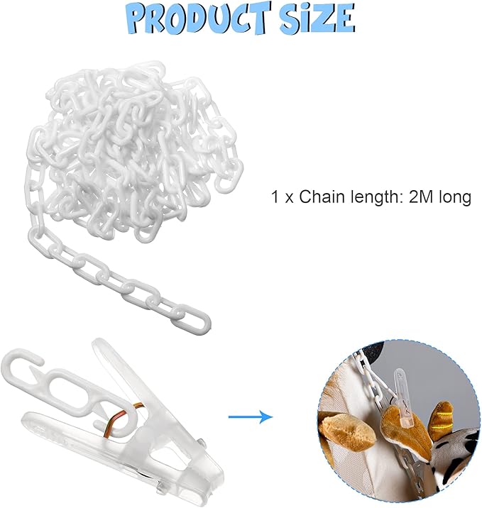 Blulu Stuffed Animal Storage Chain with 20 Clips 78.74'' Toy Chain Hanging Organizer Hammock with Hooks Plush Toy Corner Organizer for Nursery Bedroom Playroom Wall Decor(White Clip)