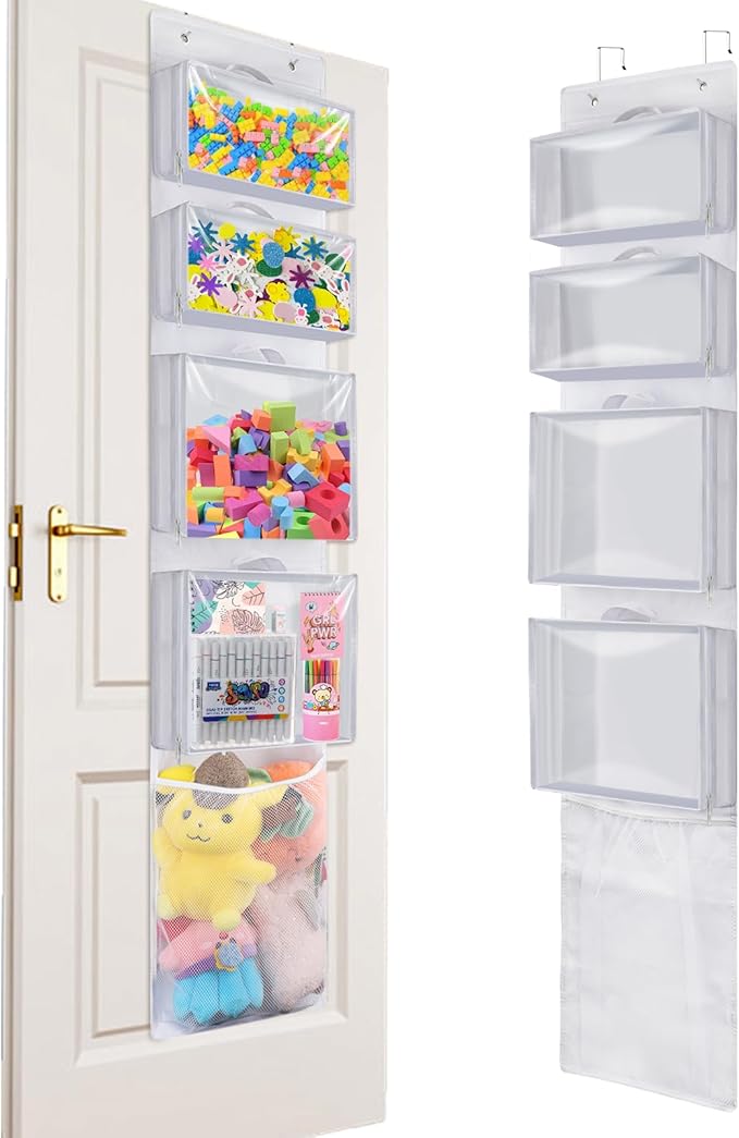Hanging Toy Storage over Door, Block Stuffed Animal Organizer Idea with 4 Removable Case Bag, Bi-Fold Closet Holder with Mesh Pocket for Kid Boy Girl