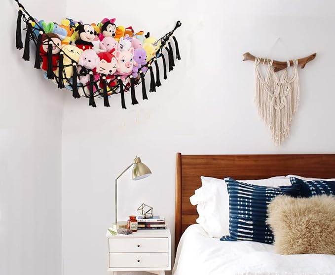 Stuffed Animal Toy Hammock Hanging- Macrame Toy Hammock with Tassels-Stuff Animals Organizer Storage Boho Large Corner Plush Toys Net Holder for Nursery, Play Room, Kids Bedroom (Black)