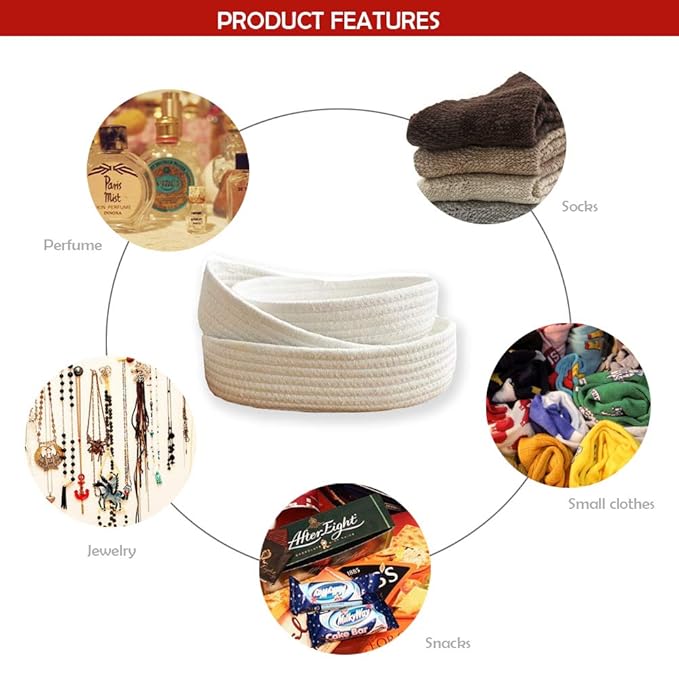 Cotton Rope Handmade Woven Home Storage Household Candy Toys Storage Basket Sundries Collection Box Candy Snack Food Tray SML Pack of 3 (Round, White)