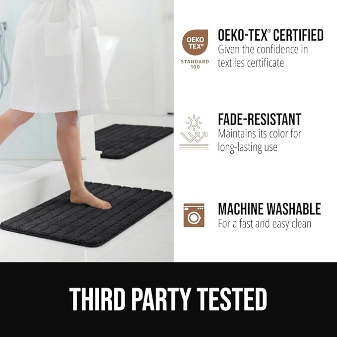 GORILLA GRIP Textured Backing Bathroom Rugs, Soft Memory Foam Absorbent Striped Bath Mats, Machine Washable & Fade Resistant, Bathmat Accessories for Floor, Home Decor Shower Essentials, Black 30x18