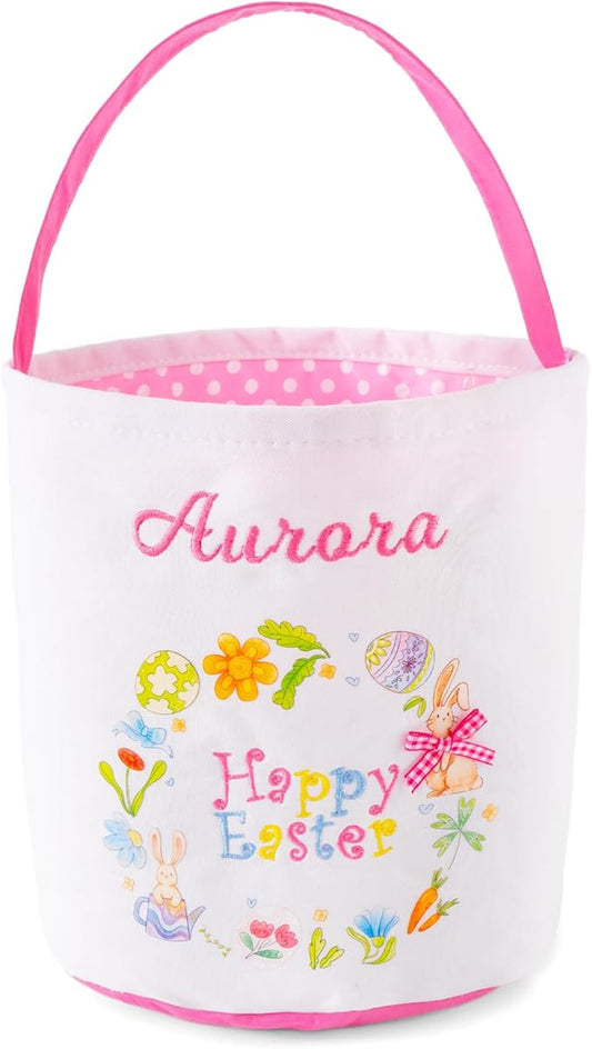 MT WORLD Toddler Easter Basket Personalized Easter Egg Bucket for Kids with Embroidered Name Pink Bunny Bucket Custom Candy Tote Bag for Baby Girls Candy Gifts Bucket