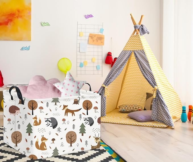 HIYAGON Rectangular Kids Storage Basket Baby Nursery Basket for Boys Bunny Room Decor Cute Toy Storage Organizer Bins Bedroom(Tree Animal)