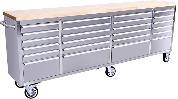 96" Rolling Tool Chest with 24 Drawers, Solid Rubber Wood Workbench Top, Locking Wheels & Key Lock, Mobile Garage Storage Cabinet for Workshop Organization