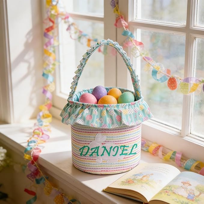 Personalized Easter Basket with Name for Kids Custom Embroidered Floral Bunny Egg Hunt Bag for Boys Girls Gingham Canvas Storage Bucket Cotton Rabbit Party Tote, Nursery Decor Storage Pouch