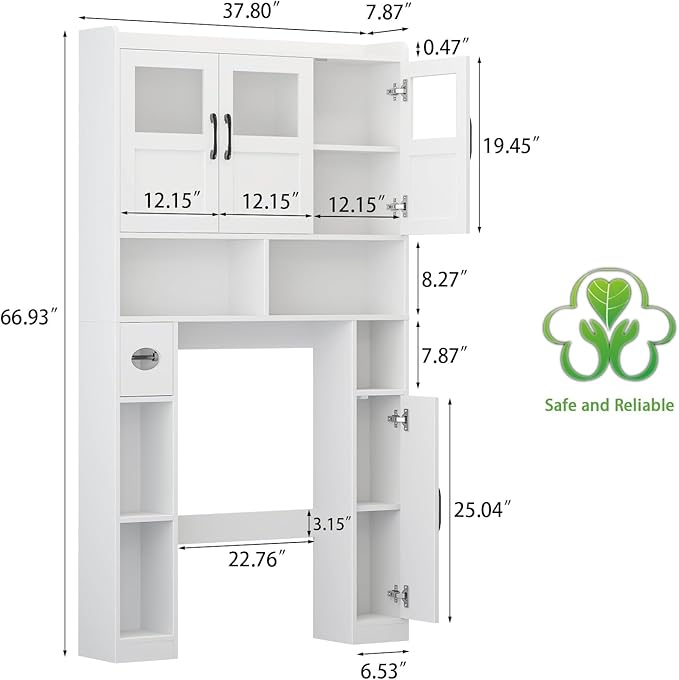 Over The Toilet Cabinet,Farmhouse Toilet Cabinet Rack with 3 Acrylic Doors and Adjustable Storage Shelf,Space Saving Bathroom Organizer with Toilet Paper Holder Stand for Restroom, Laundry，White