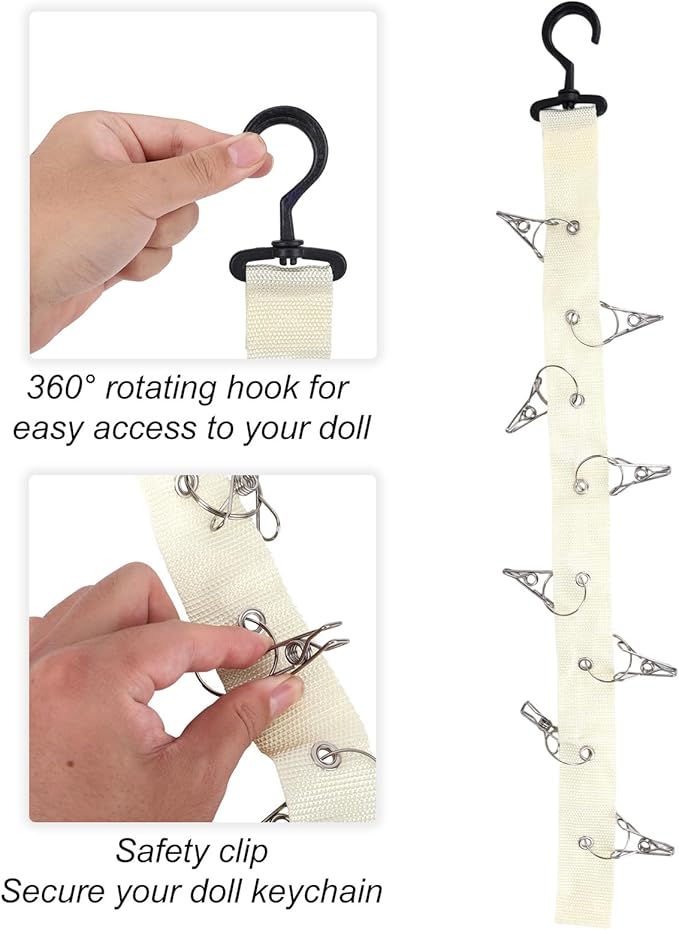 Plush Toy Display Strap, Stuffed Animal Hanging Storage Chain with 8 Metal Clips Wall & Over Door Organizer Holder for 5.9-6.69in Doll or Hats Scarf Nursery Room Decor (White)