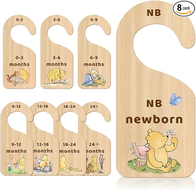 8 Pcs Winnie Baby Closet Dividers, Bear Double Sided Baby Clothes Organizer for Baby Nursery Decor Wooden Hanger for Newborn Baby Stuff from 0 to 24 Months