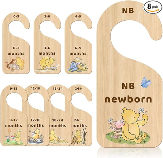 8 Pcs Winnie Baby Closet Dividers, Bear Double Sided Baby Clothes Organizer for Baby Nursery Decor Wooden Hanger for Newborn Baby Stuff from 0 to 24 Months