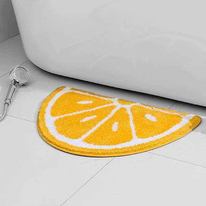 Half Round Microfiber Soft Lemon Shape Bathroom Rugs Non Slip Shag Bath Mat Rug for Kitchen Bedroom Rubber Shower for Floor Living Room Mats Water Absorbent Washable (40cmx60cm, Lemon)