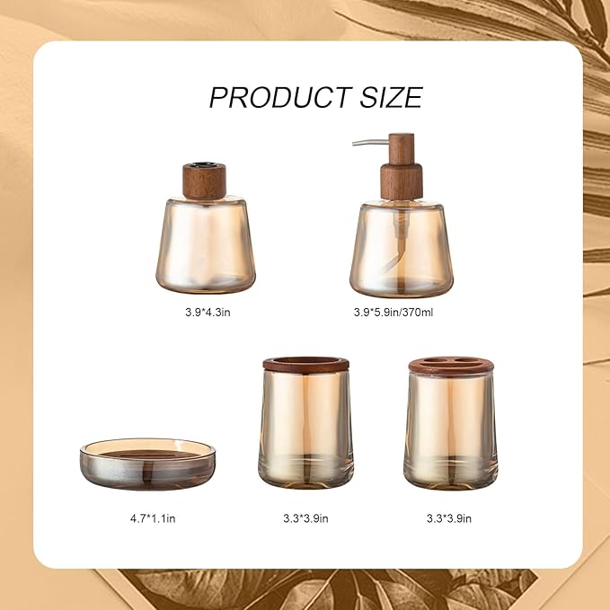 HJ 5PCS Gold Glass Bathroom Accessories Set,4mm Heavy-Duty Glass&Wood Bathroom Decor (Lotion Soap Dispenser,Aromatherapy Bottle,Soap Dish,Toothbrush Holder,Tumbler) Crystal Vintage Gift