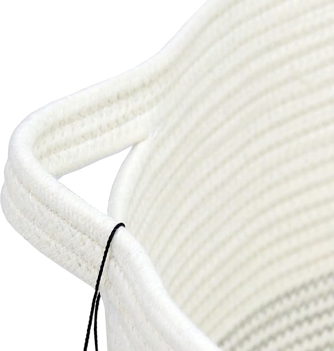 Casaphoria XXXLarge Cotton Rope Basket 21.7" x 21.7" x 13.8" Woven Laundry Basket for Blankets Storage Basket with Handle Comforter Cushions Storage Bins Thread Hamper-Black Stitch, White (MB2021039)