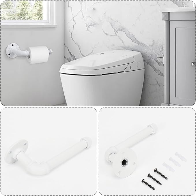 4-Pieces Industrial Pipe Bathroom Towel Ring Kit DIY Wall Mount Accessories Kit Includes Robe Hook Towel Bar and Towel Ring (White 16 inch)