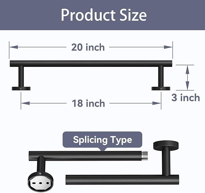 2 Pack Matte Black Towel Bar, 18 Inch Bathroom Towel Rack, Towel Holder Wall Mounted, Thicken SUS304 Stainless Steel Towel Rod Modern Home Decor (Total Length 20-Inch)