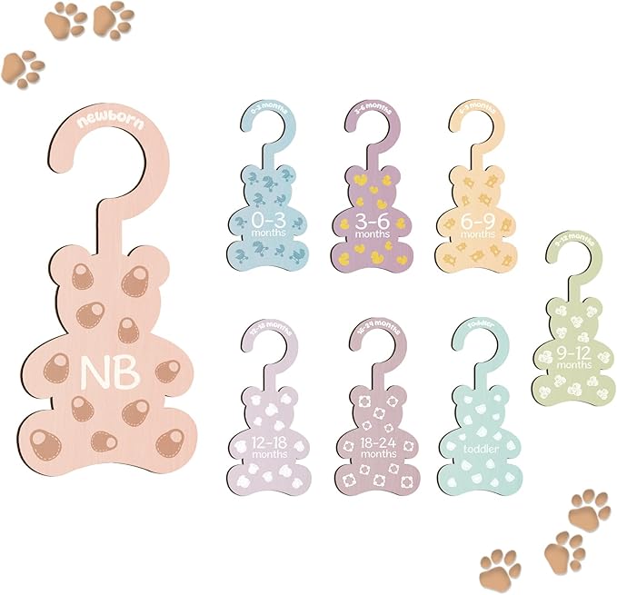 Baby Clothes Dividers for Closet - Set of 8 Wooden Baby Size Closet Dividers Newborn to 24 Months, Newborn Organizer for Boys Girls - Little Bear Shape Baby Nursery Decor Kit Newborns Gift Baby Shower