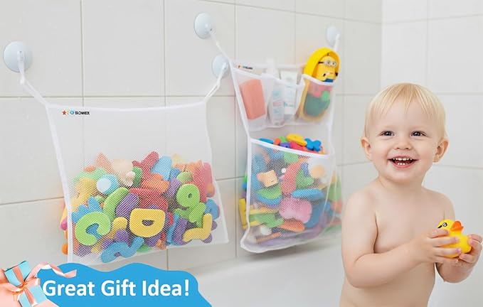 2 x Large Bath Toy Holder, Kids Bath Tub Toy Basket, Corner Mesh Bag, Baby Bathtub Storage Organizer, Bathroom Net Bucket, Toddler Shower Caddy Hanging Bin with 6 Suction Cups, 4 Adhesive Wall Hooks