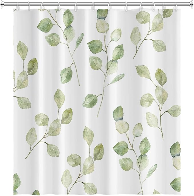 Green Eucalyptus Leaves Bathroom Shower Curtain Nature Plants Watercolor Leaf Shower Curtain with Hooks Polyester Waterproof Fabric Aesthetics Home Decor Bathtub, 36x72 Inch